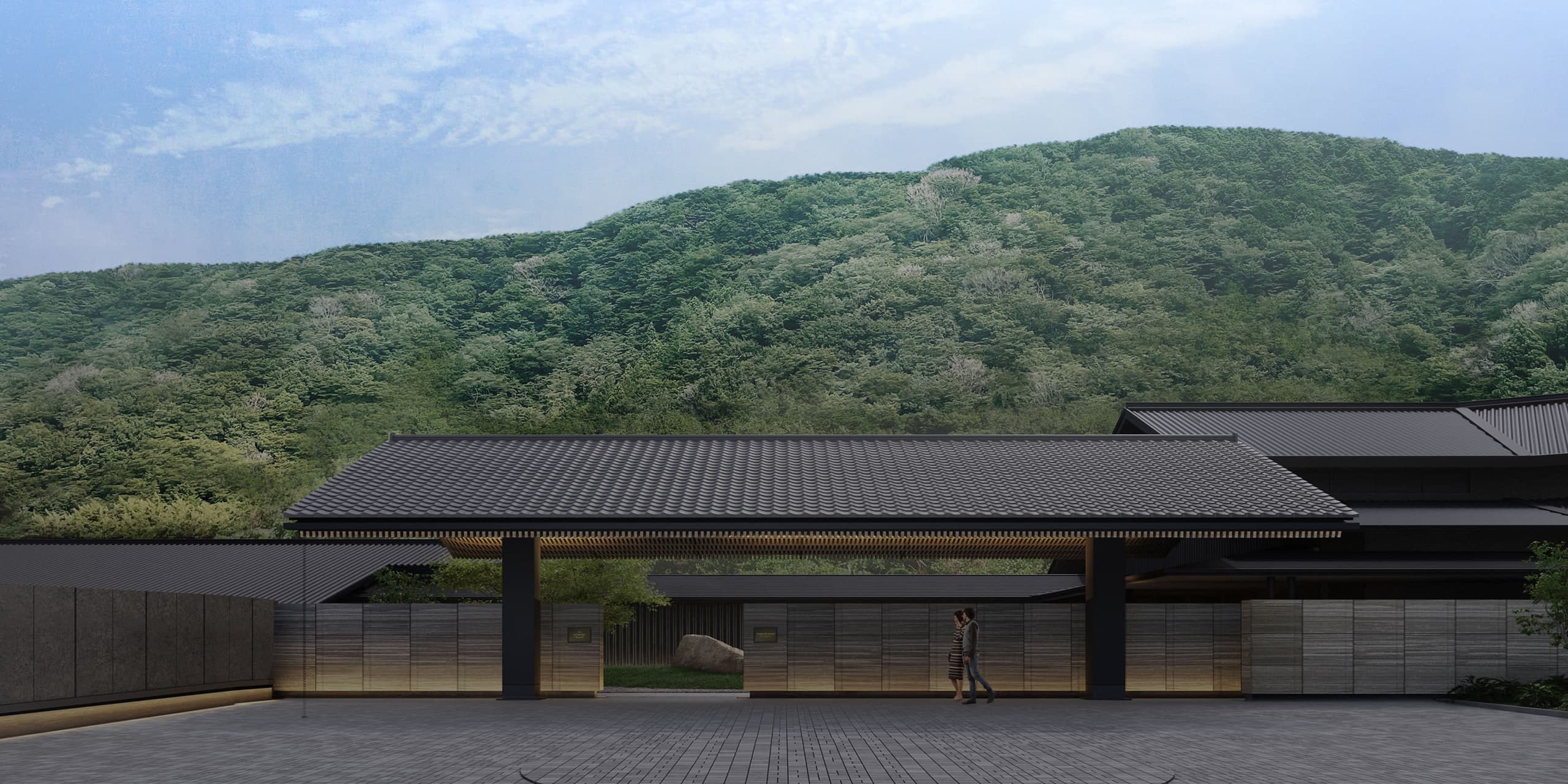 A rendering of a long tiled gate with two figures walking through it, and a forested mountain behind