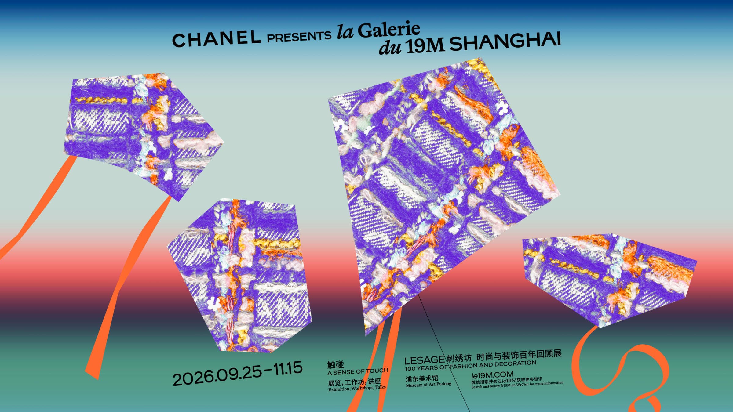 Chanel poster for la Galerie du 19M Shanghai, with tweed-pattern kites, the dates 25 September to 15 November 2026, and the Museum of Art Pudong