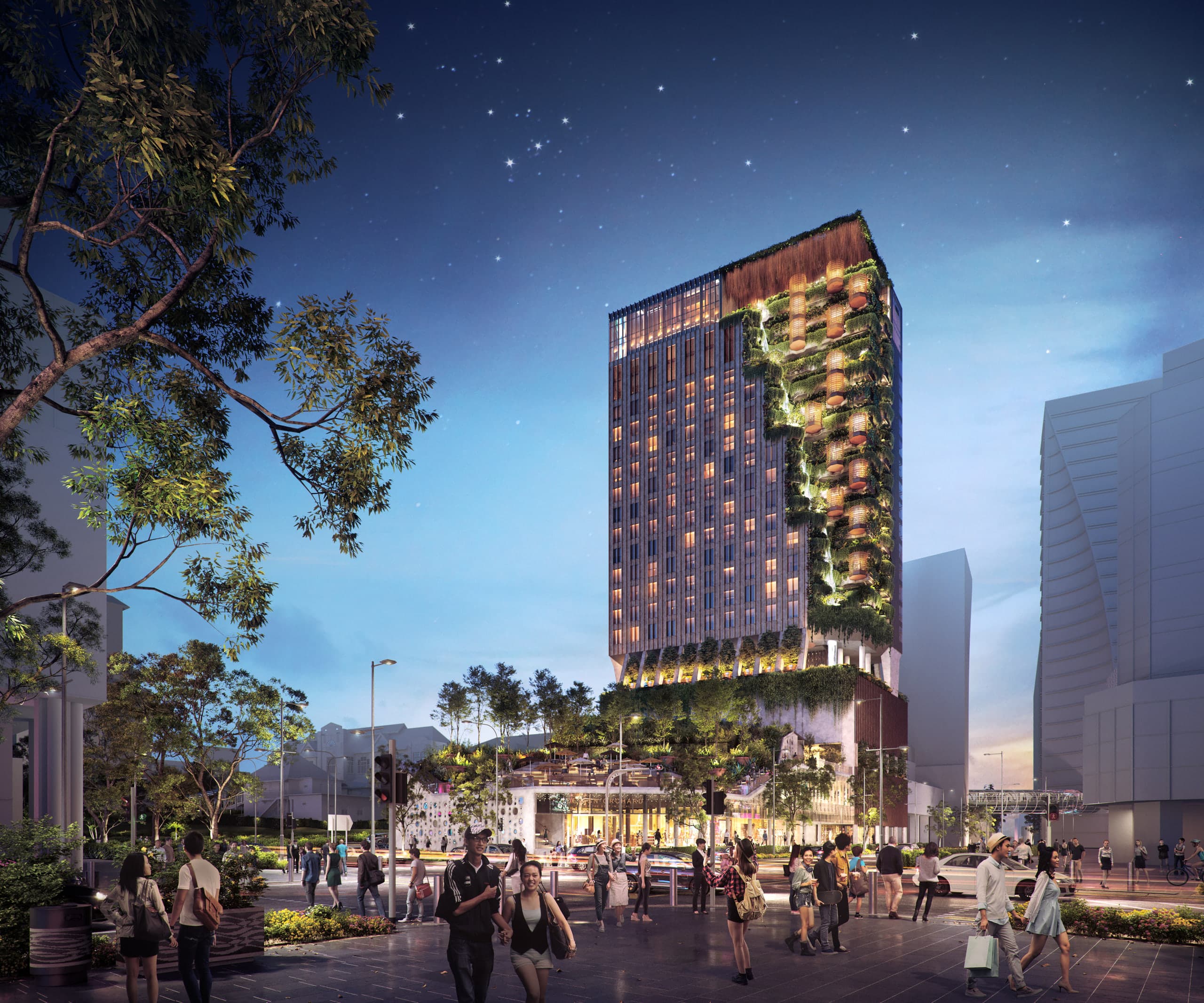 Rendering of NoMad Singapore on Orchard Road: a tower with cascading waterfall and vertical greenery at the Cairnhill intersection