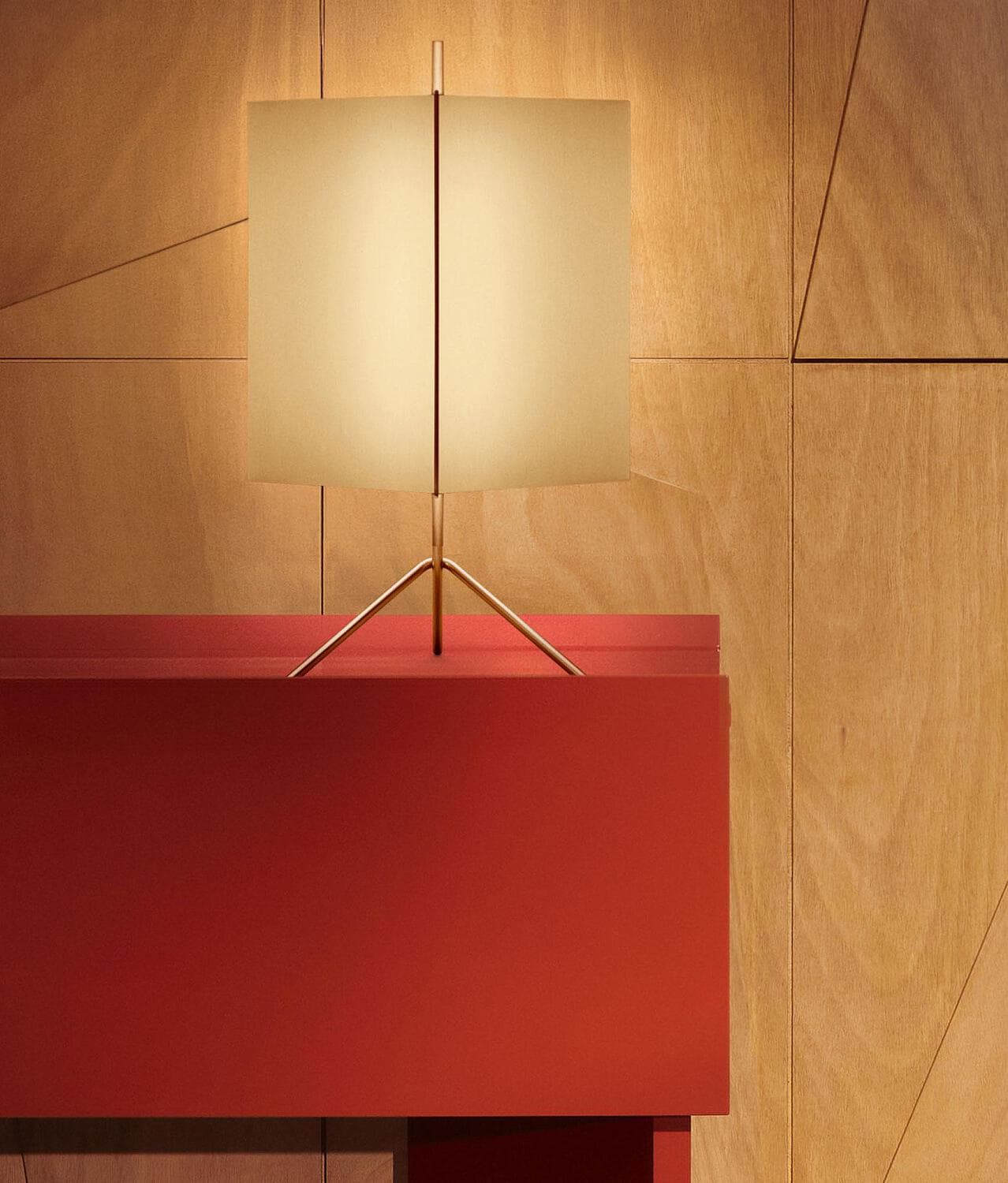 Cassina 3to9 table lamp by Neri&Hu with translucent ivory fabric panels on a bronze wire frame