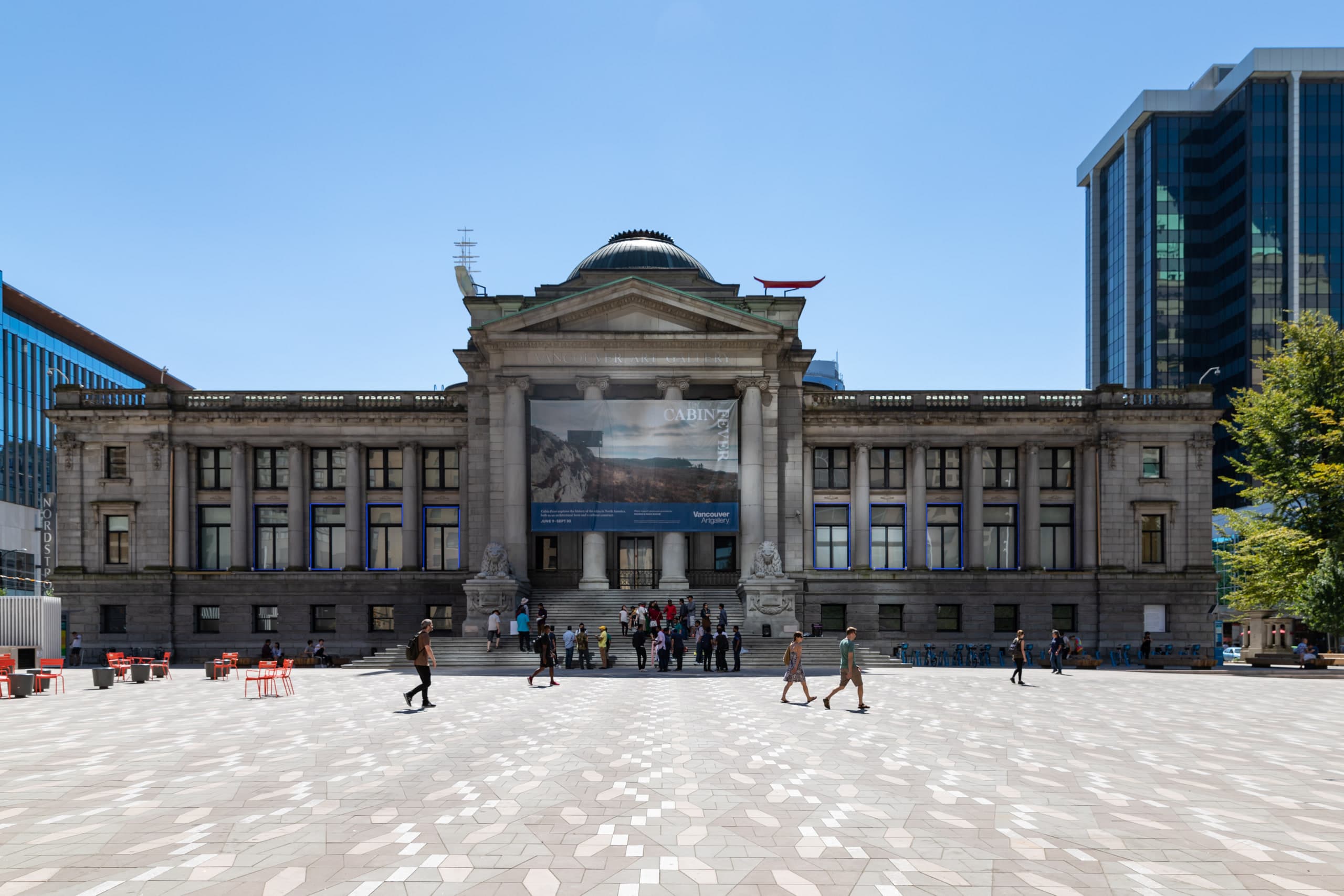 Daytime Georgia Street facade of the Vancouver Art Gallery, neoclassical former courthouse with copper dome