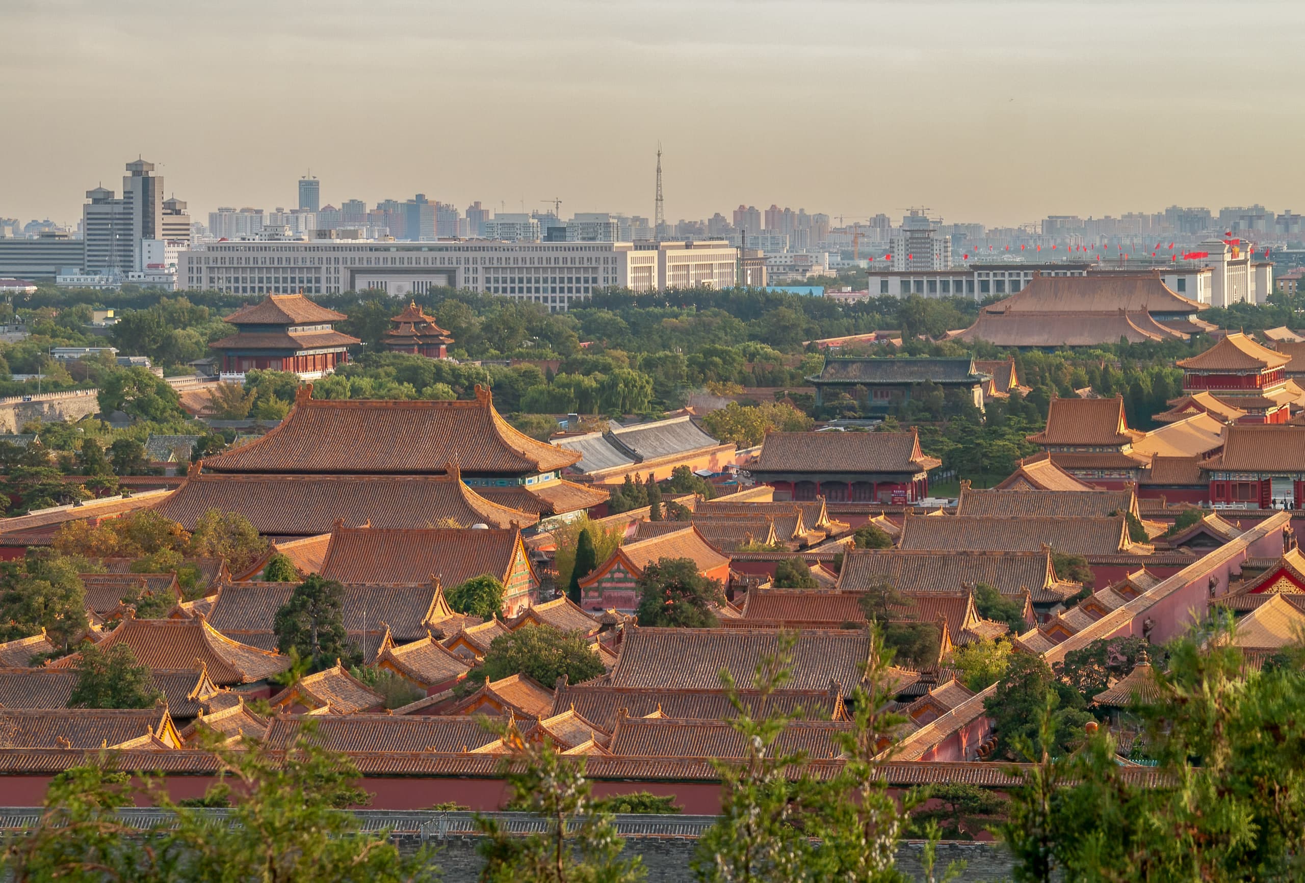 Yellow-tiled roofs of the Forbidden City seen from Jingshan Park, with trees in the foreground and a pale modern skyline beyond
