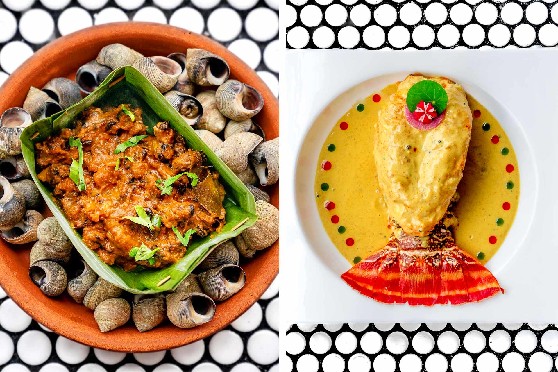 Two plated dishes at Semma in New York: snail shells with banana-leaf masala beside lobster in yellow curry on penny tile