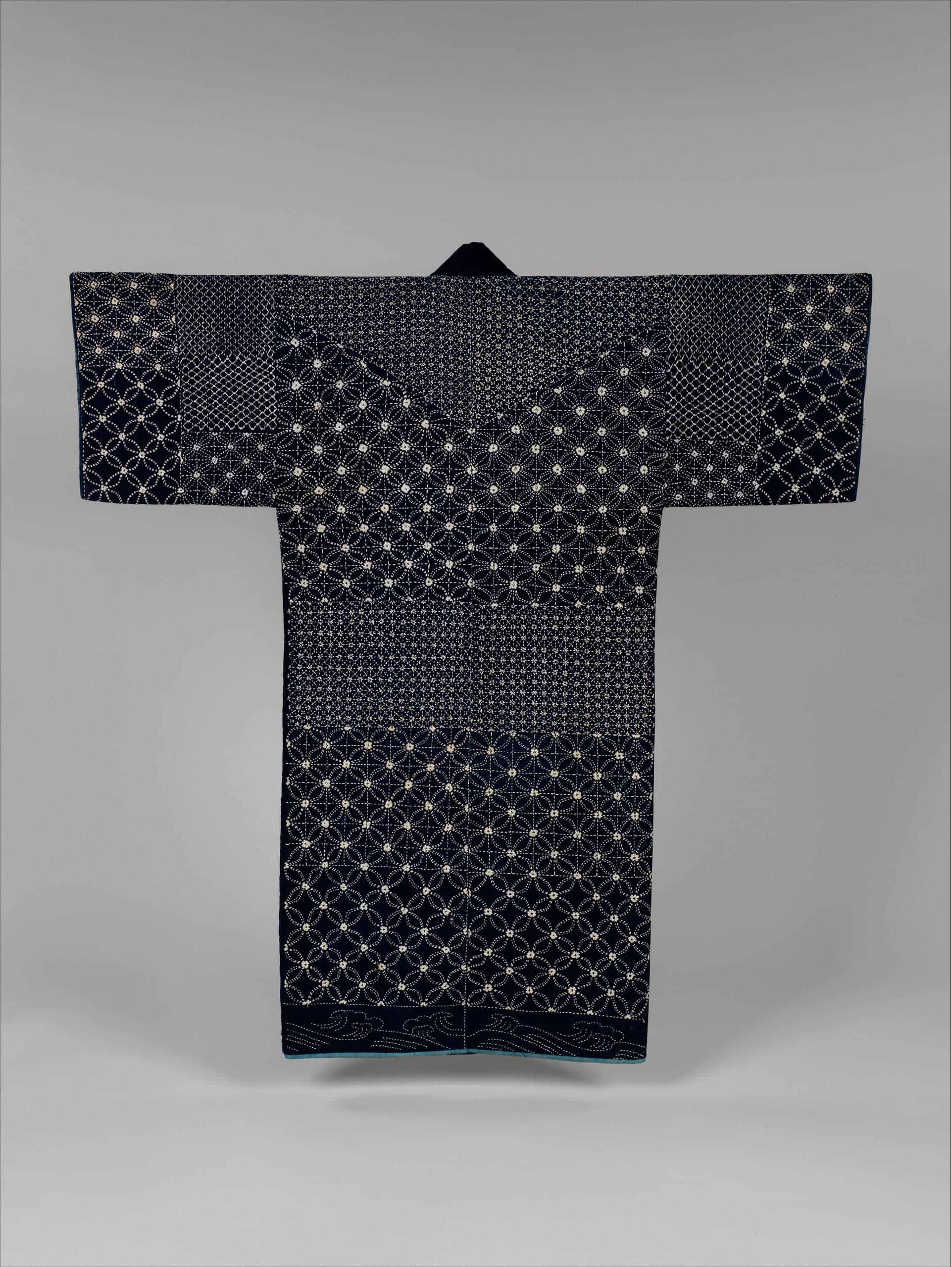 Meiji-period Japanese sashiko jacket in indigo-dyed cotton with white running-stitch patterns
