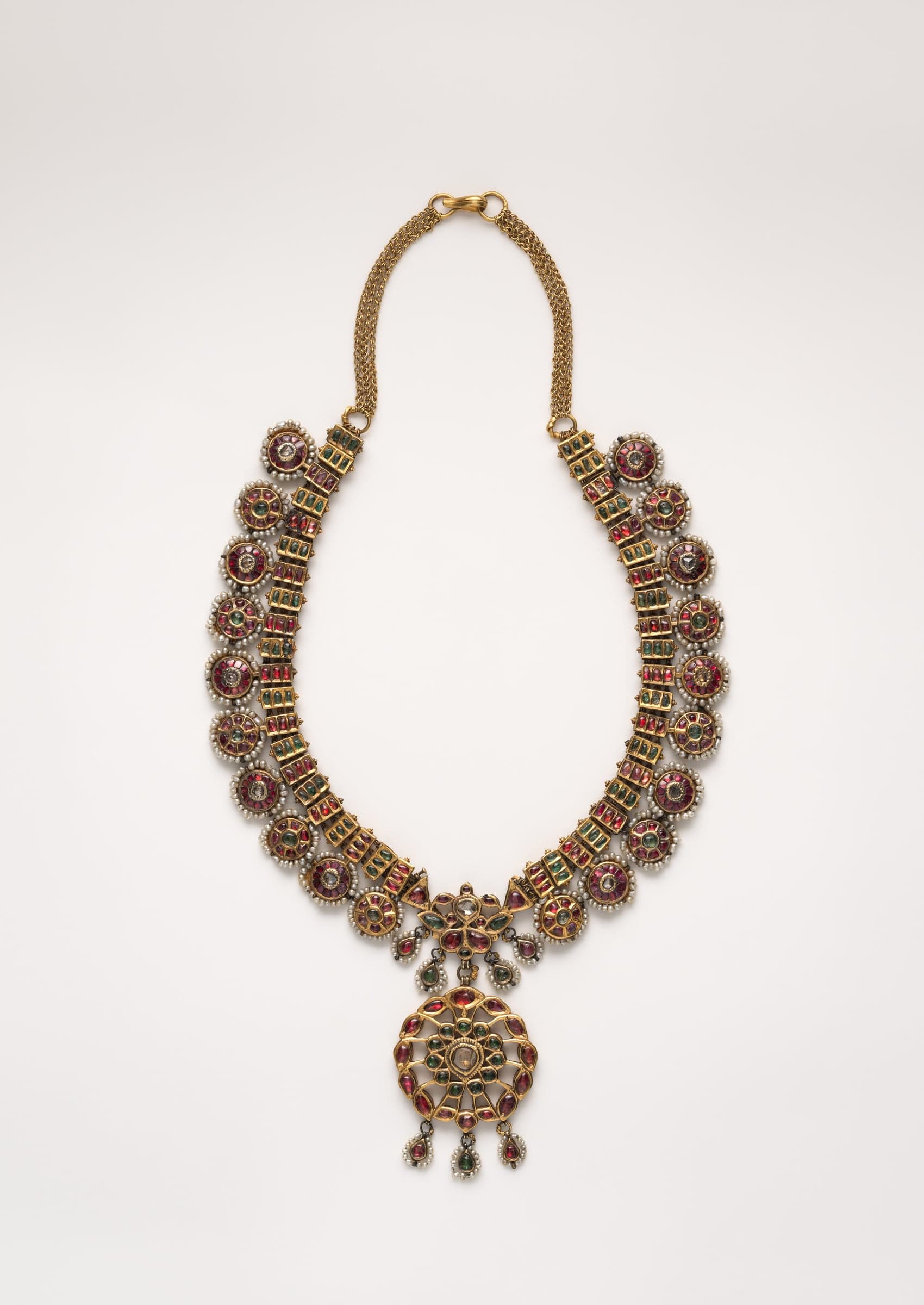 Indian gold necklace with diamonds, rubies, and colored stones, Punjab or Rajasthan