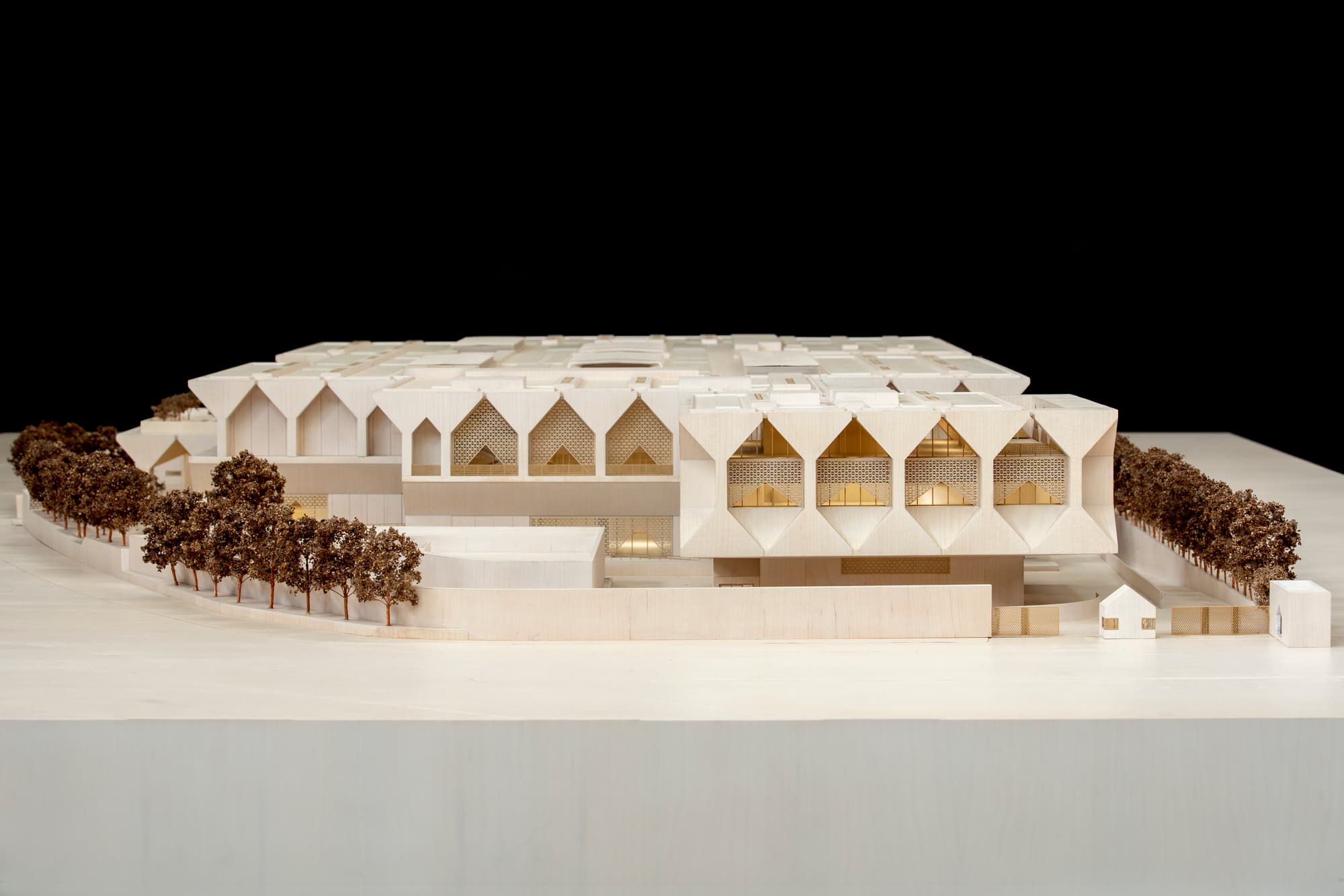 Architectural model of David Adjaye's Kiran Nadar Museum of Art campus for New Delhi, with peaked facade modules