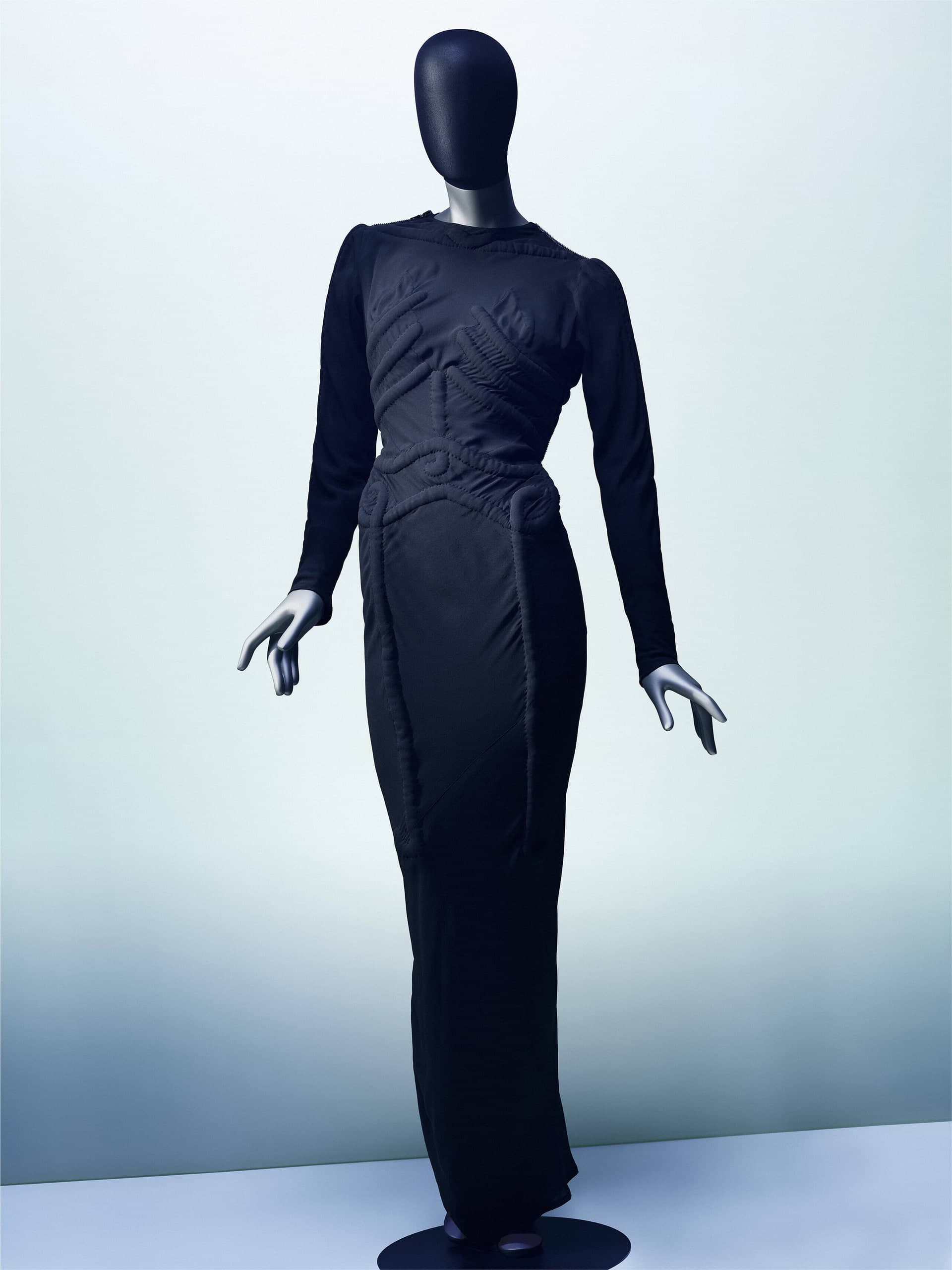 Elsa Schiaparelli and Salvador Dalí Skeleton Dress, 1938, black silk crepe with trapunto bones on a studio mannequin