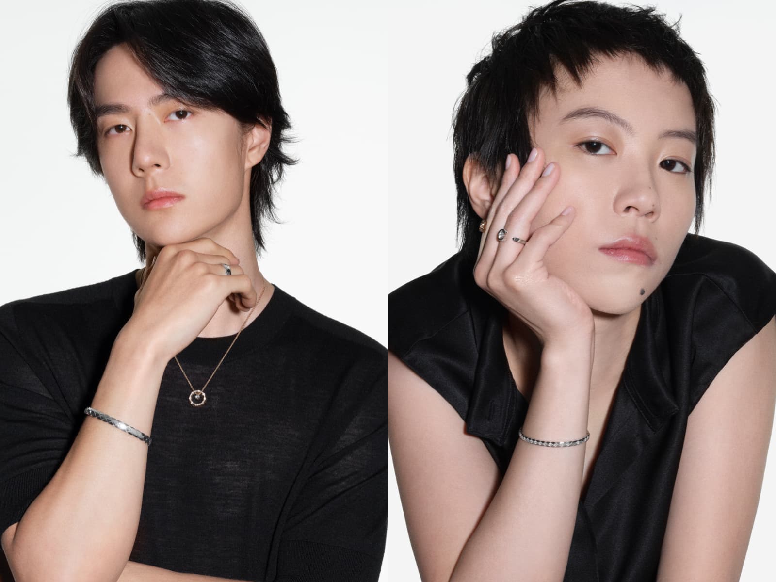 Wang Yibo and Leah Dou in black, each resting a chin on a hand to show Chanel Coco Crush quilted rings and bracelets
