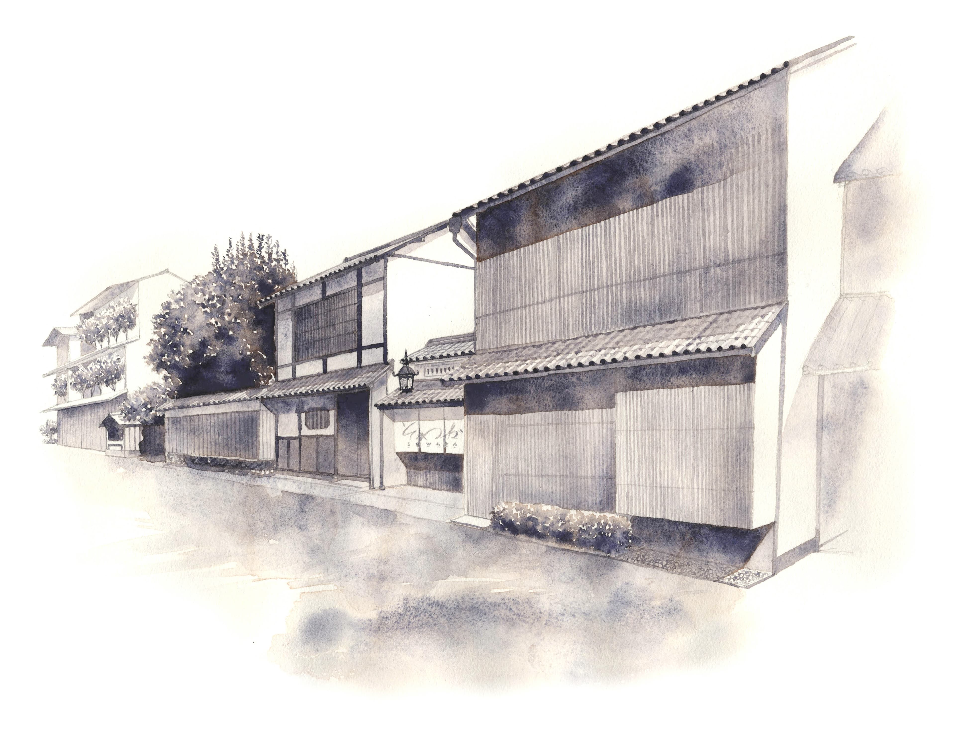 Architectural watercolor rendering of Sowaka's sukiya-style exterior in Higashiyama, Kyoto