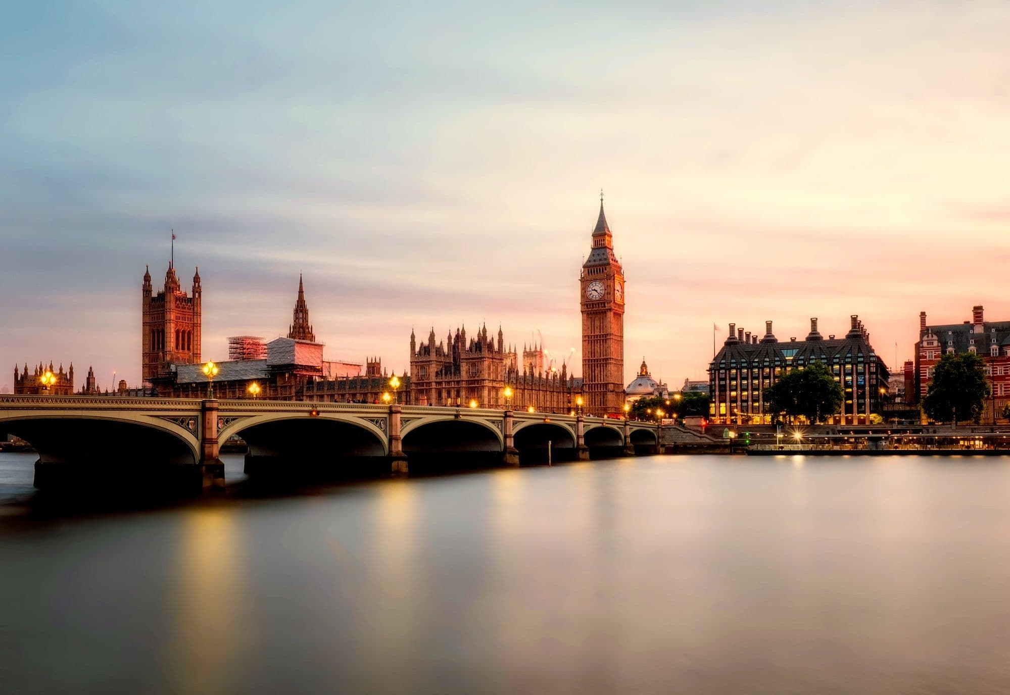 Big Ben and Westminster Bridge at sunset, London