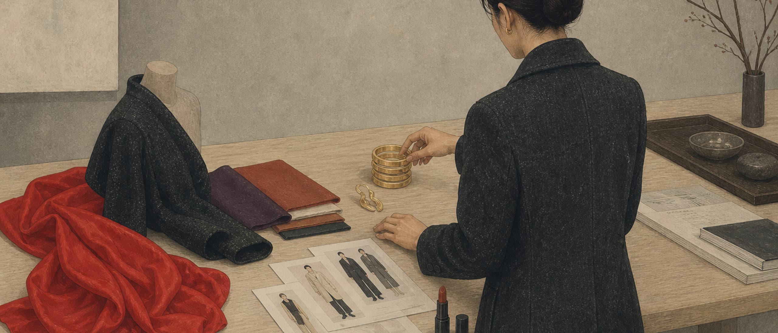 Illustration of a stylist at a long oak table arranging gold jewelry, silk swatches, fashion sketches, and a coral lipstick