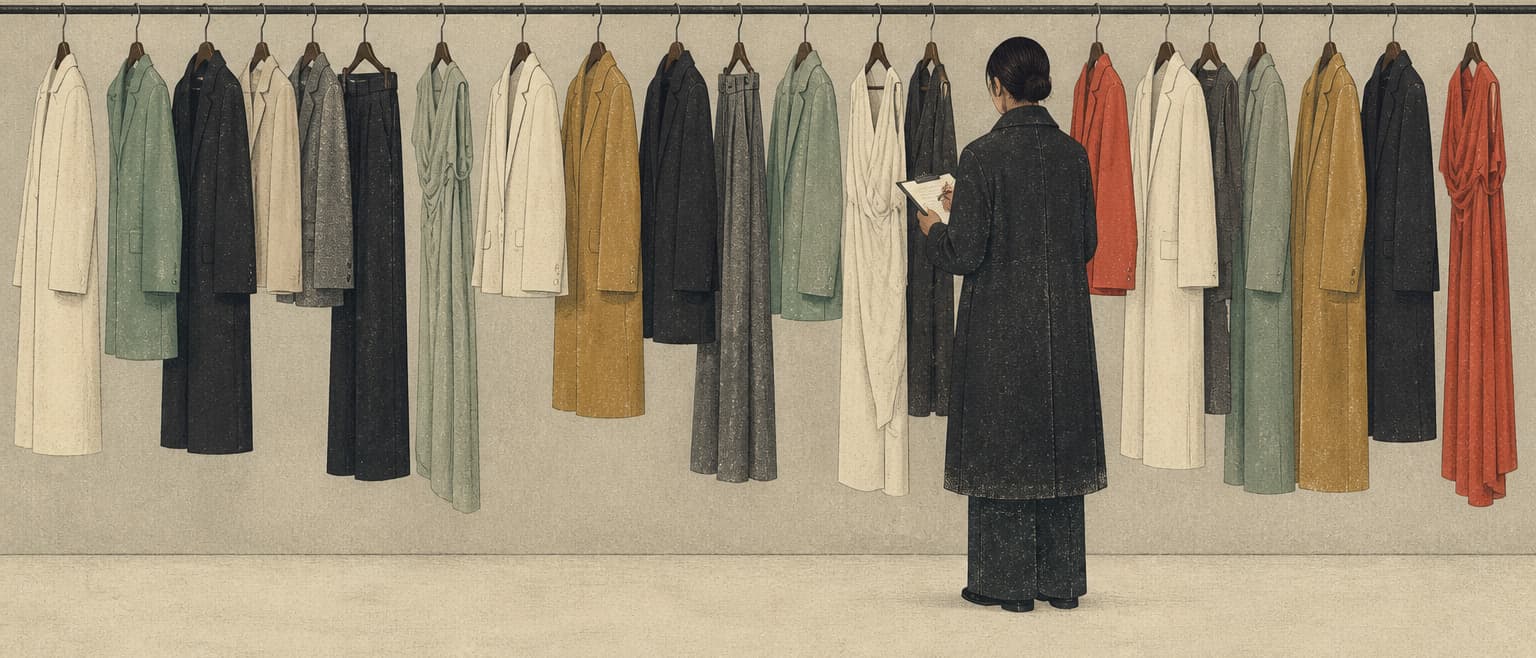 Illustration of a buyer in a dark coat writing an order at a long garment rail hung with coats, jackets, trousers and dresses