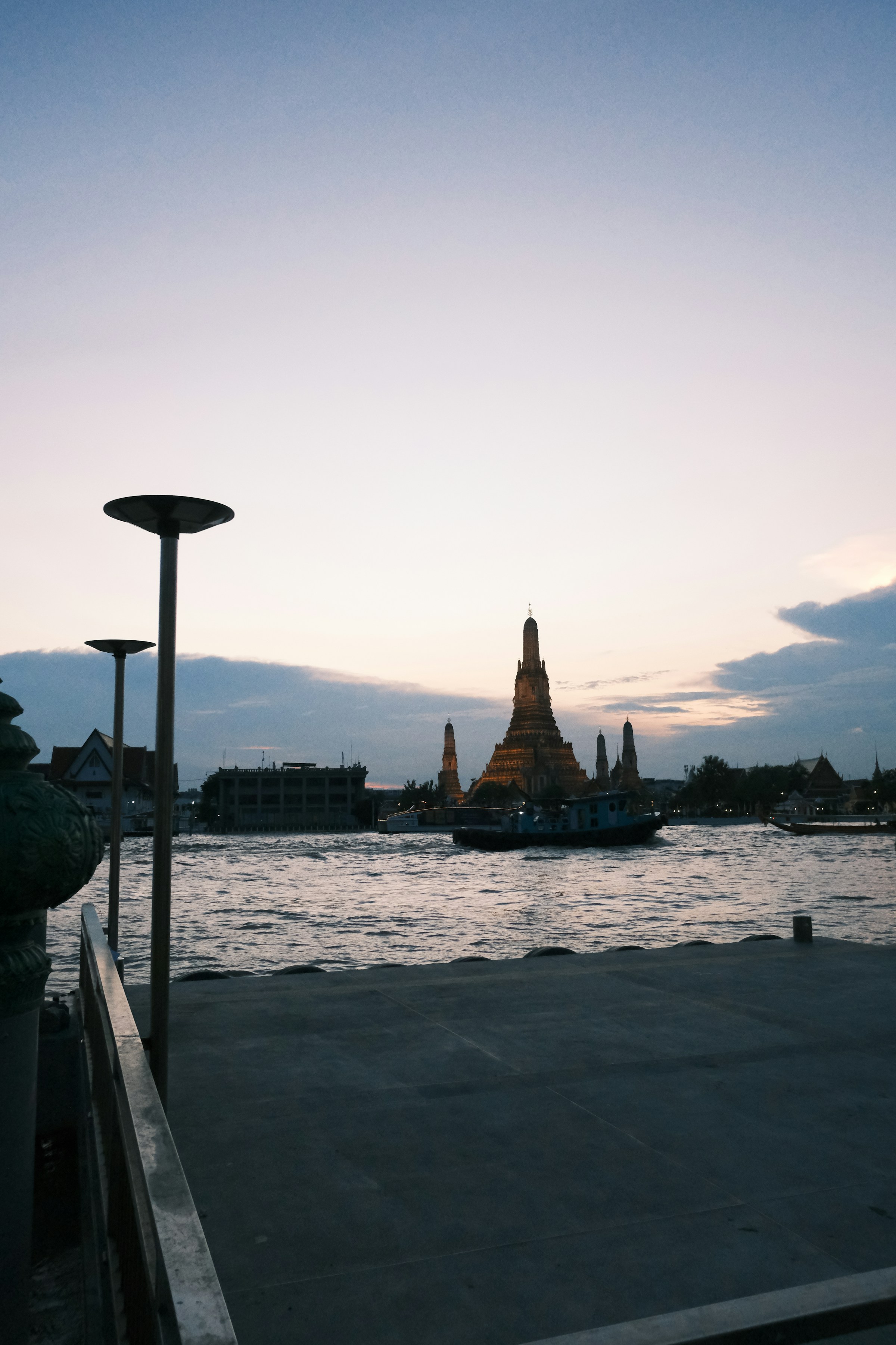 Bangkok riverfront and Wat Arun at twilight