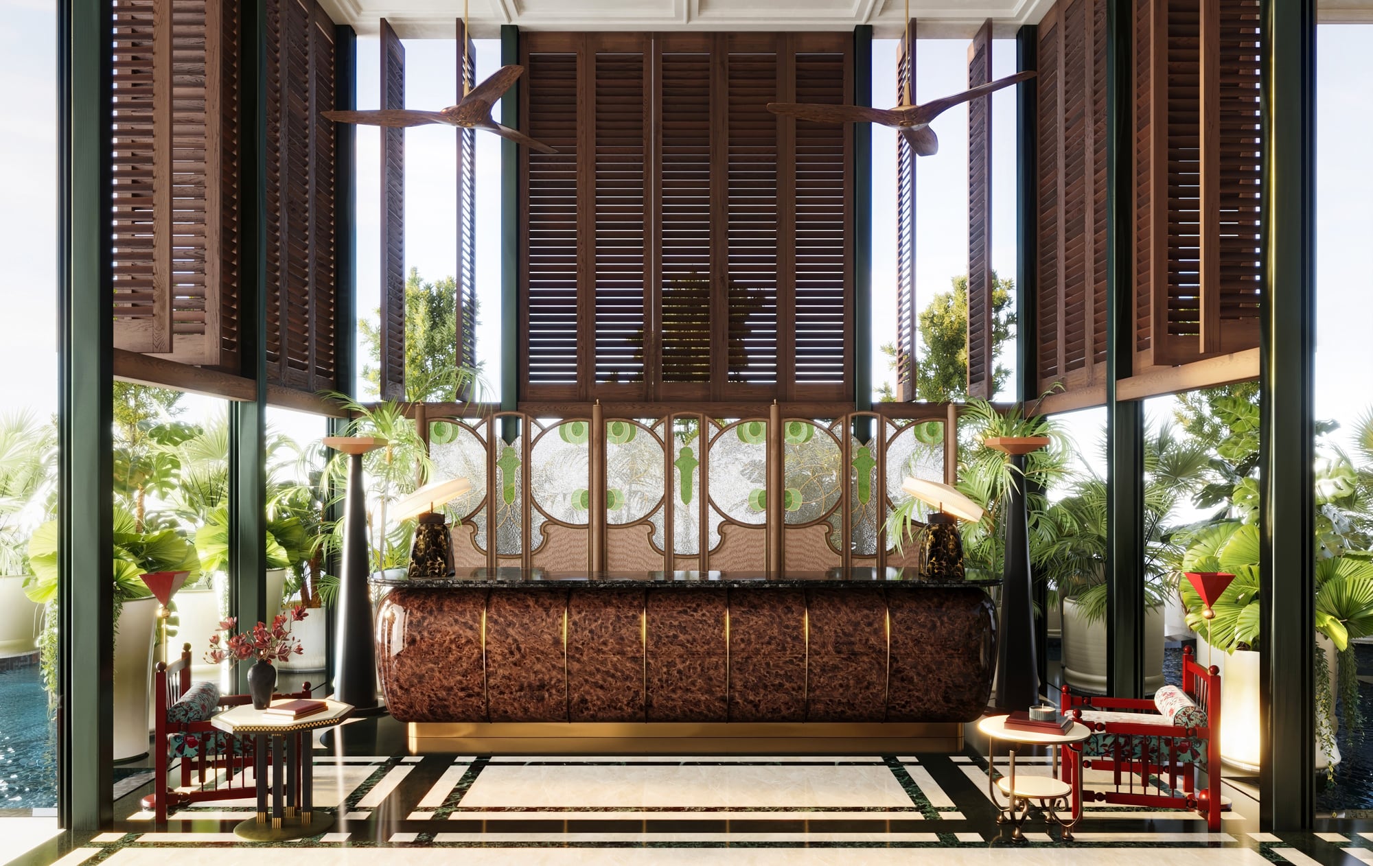 Lù Bar pool terrace at NoMad Singapore with loungers, greenery, and Orchard Road views