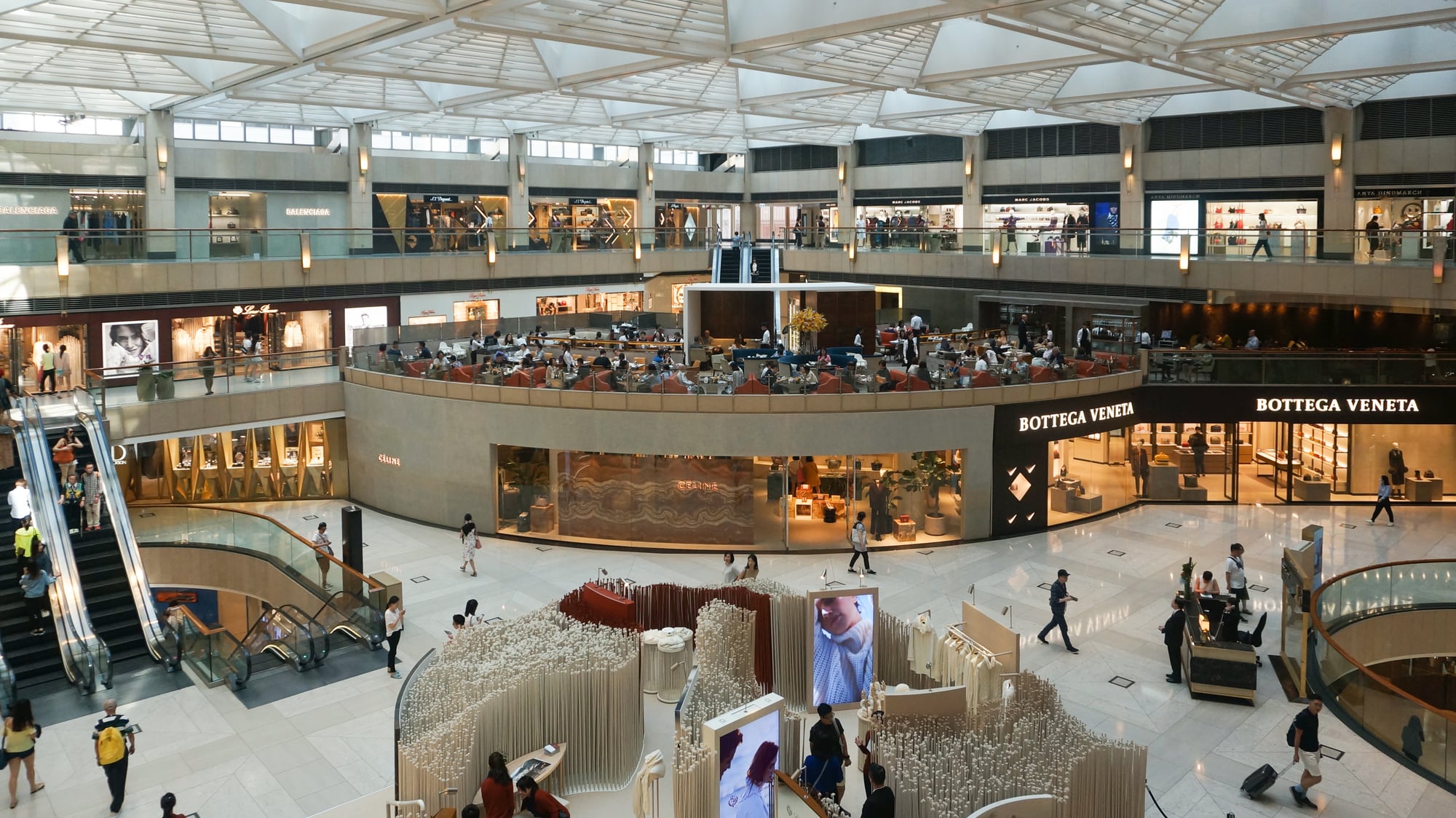 Multi-level Landmark Atrium courtyard in Central Hong Kong under the glass roof