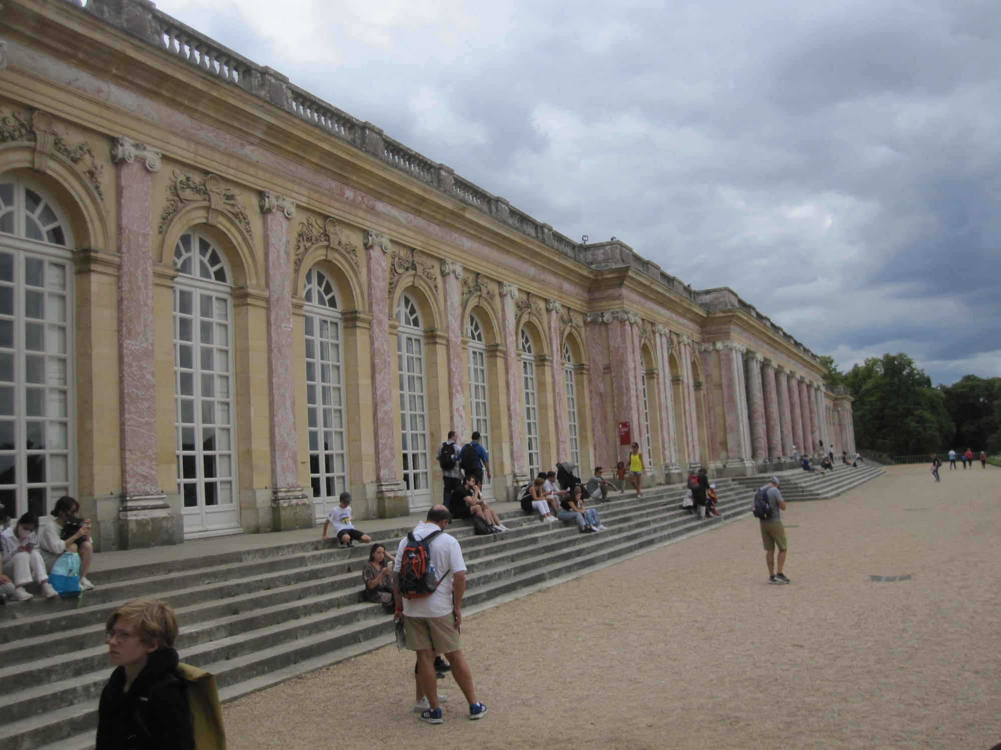 Pink Languedoc marble colonnade along the garden side of the Grand Trianon at Versailles