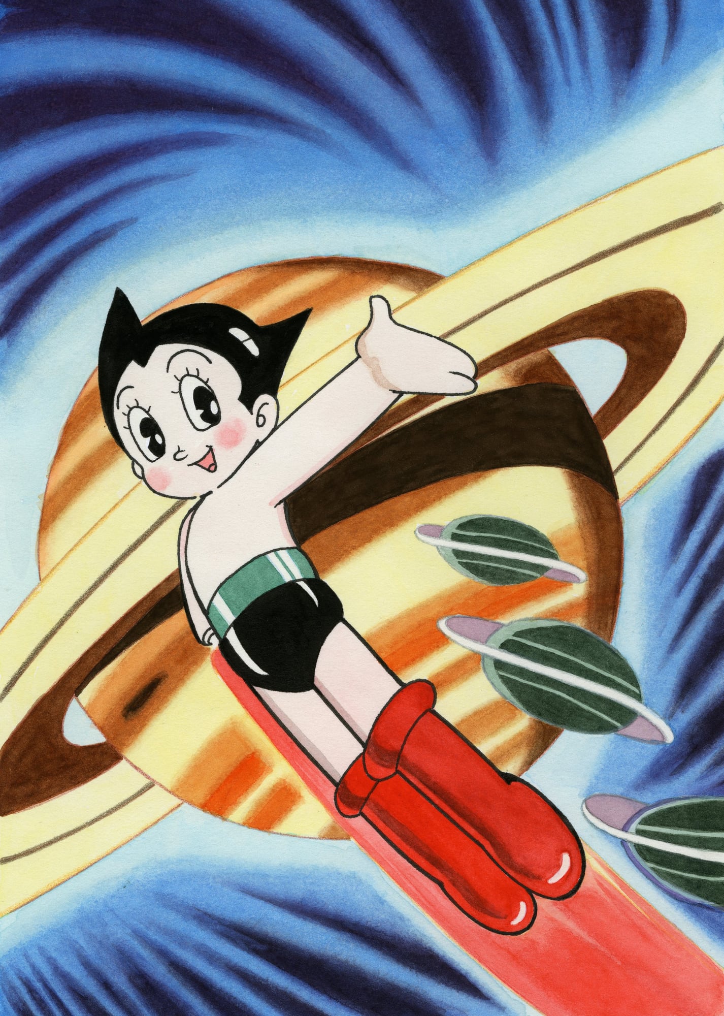 Astro Boy flying through space, 1952 illustration, Tezuka Productions