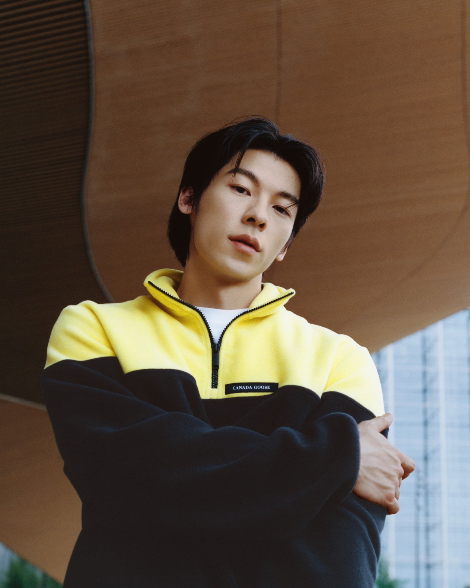 Greg Hsu in the Loma Colour Block Fleece Half Zip in Solar Aria