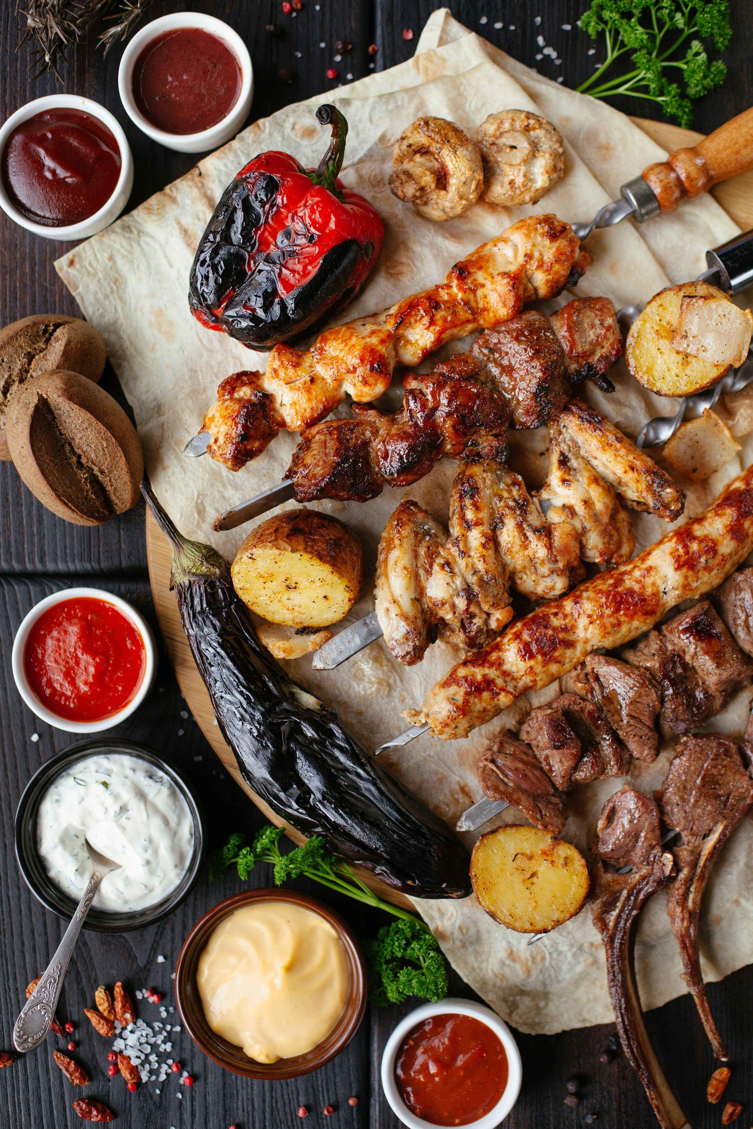Shared platters prepared for a large banquet table