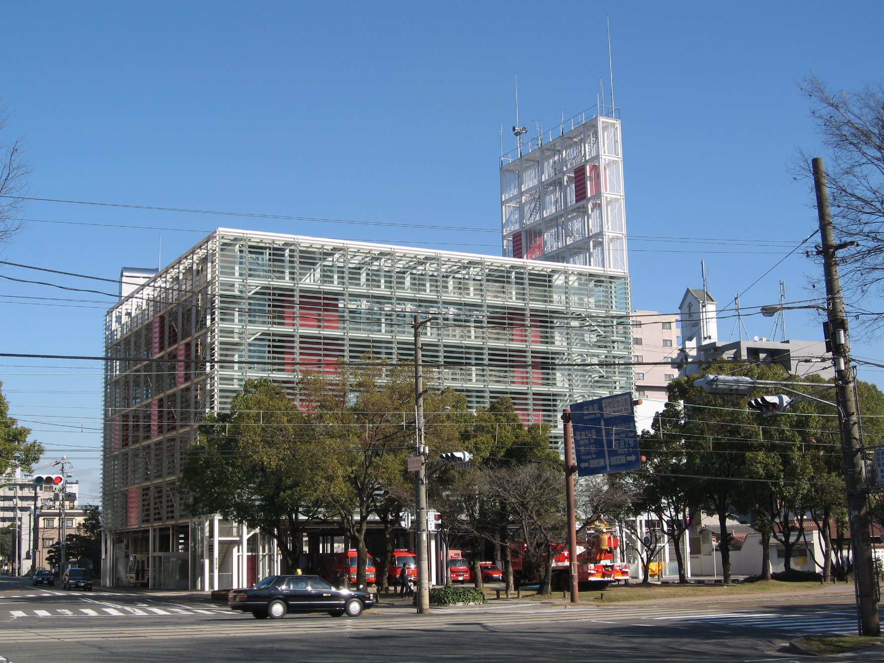 Glass louvre facade of Hiroshima City Nishi Fire Station