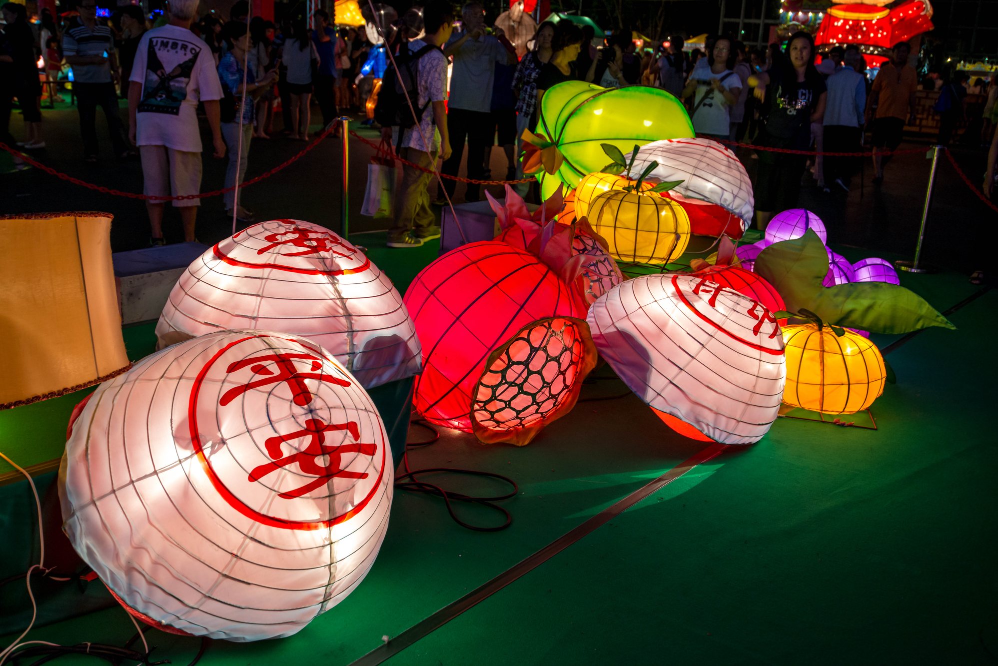 Fruit-shaped Mid-Autumn Festival lanterns on display outdoors in Hong Kong