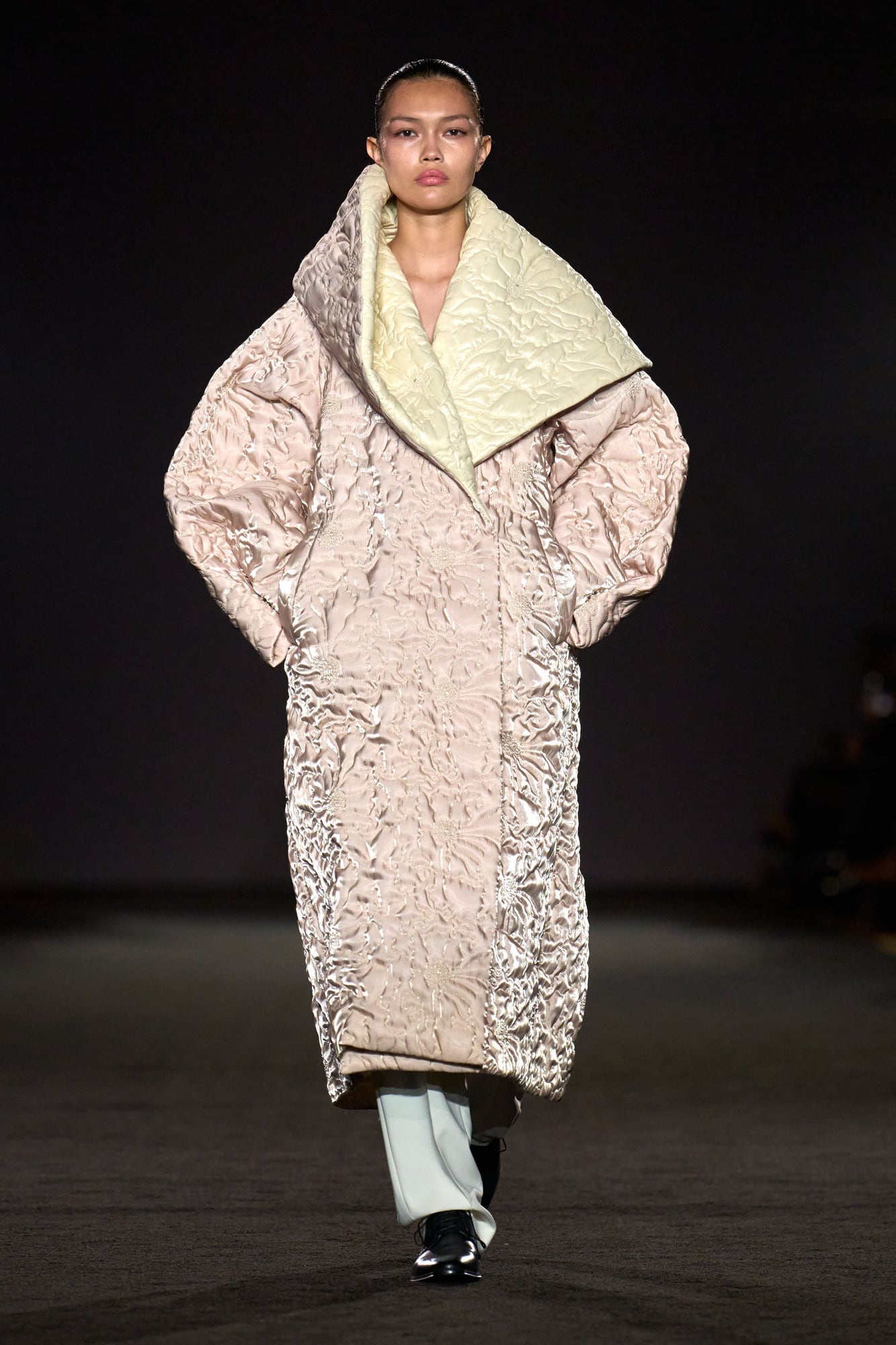 Quilted champagne cocoon coat on the Prabal Gurung Fall 2026 runway
