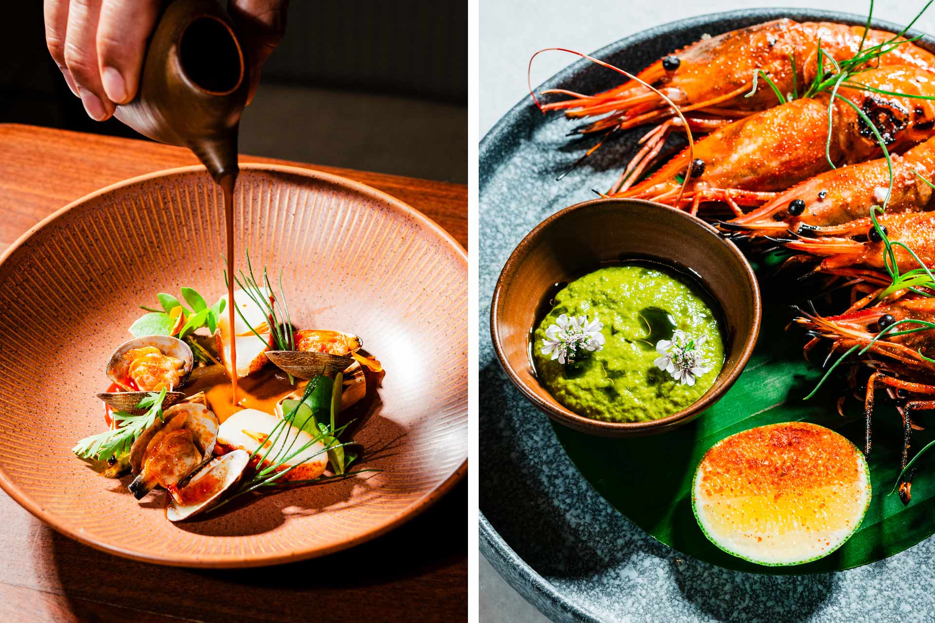 Tableside sauce pour over clams and scallops beside grilled prawns with green chutney at Rania