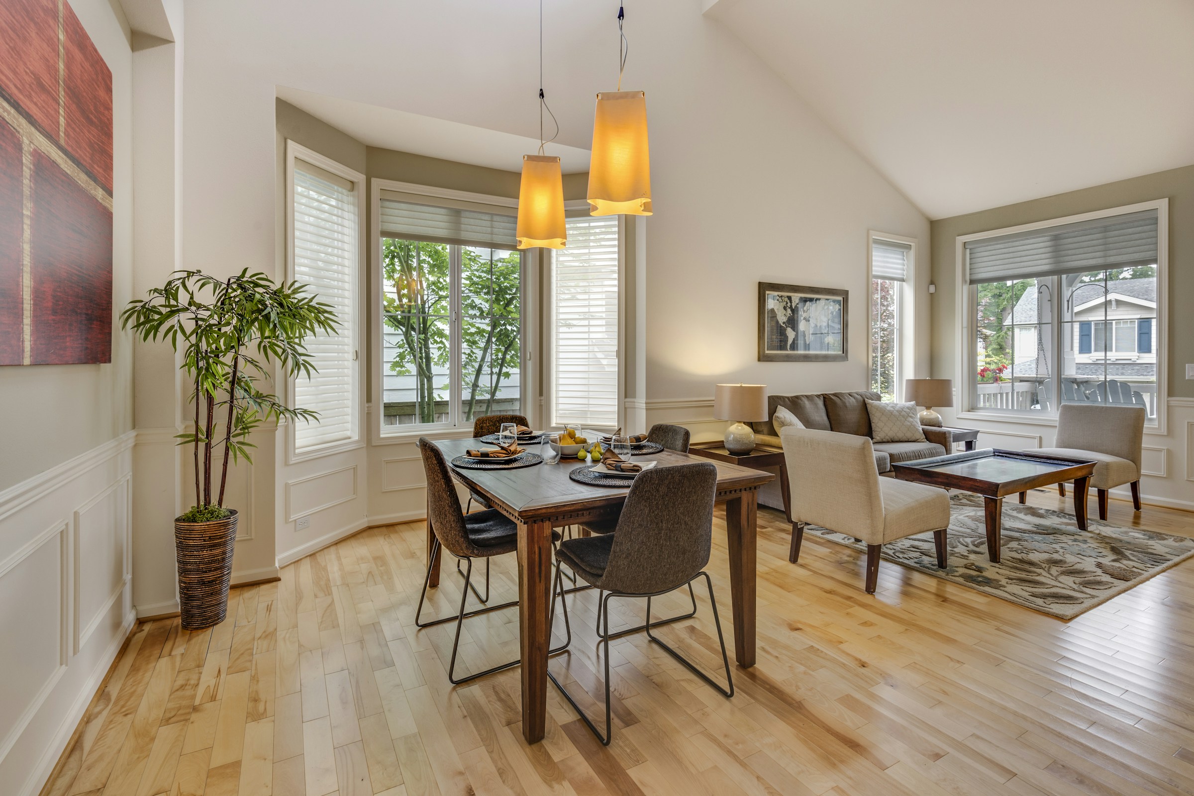 Interior with garden views through floor-to-ceiling windows