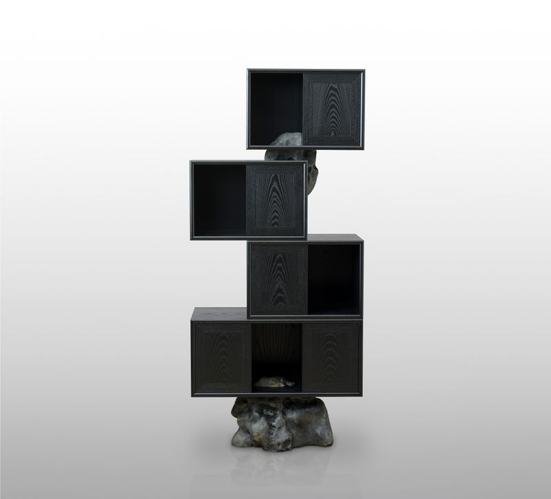 Choi Byung-hoon, afterimage of beginning 026-642, 2026, black ash cabinets on a stone base