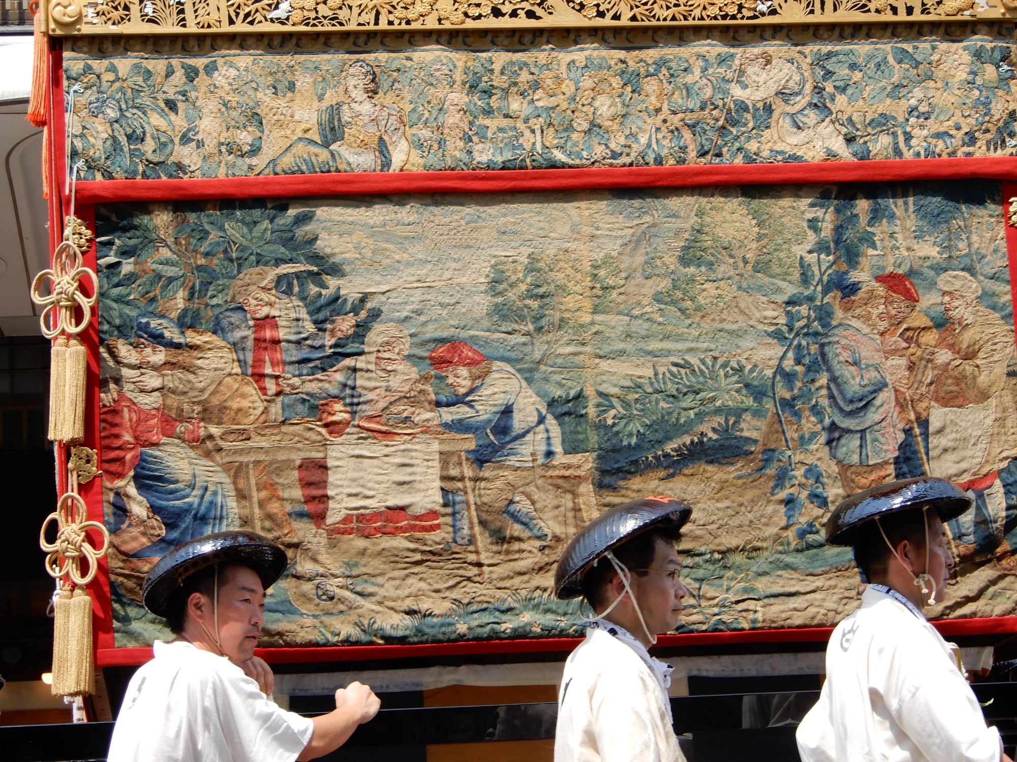 Imported textile hanging on a Yamahoko float during Gion Matsuri
