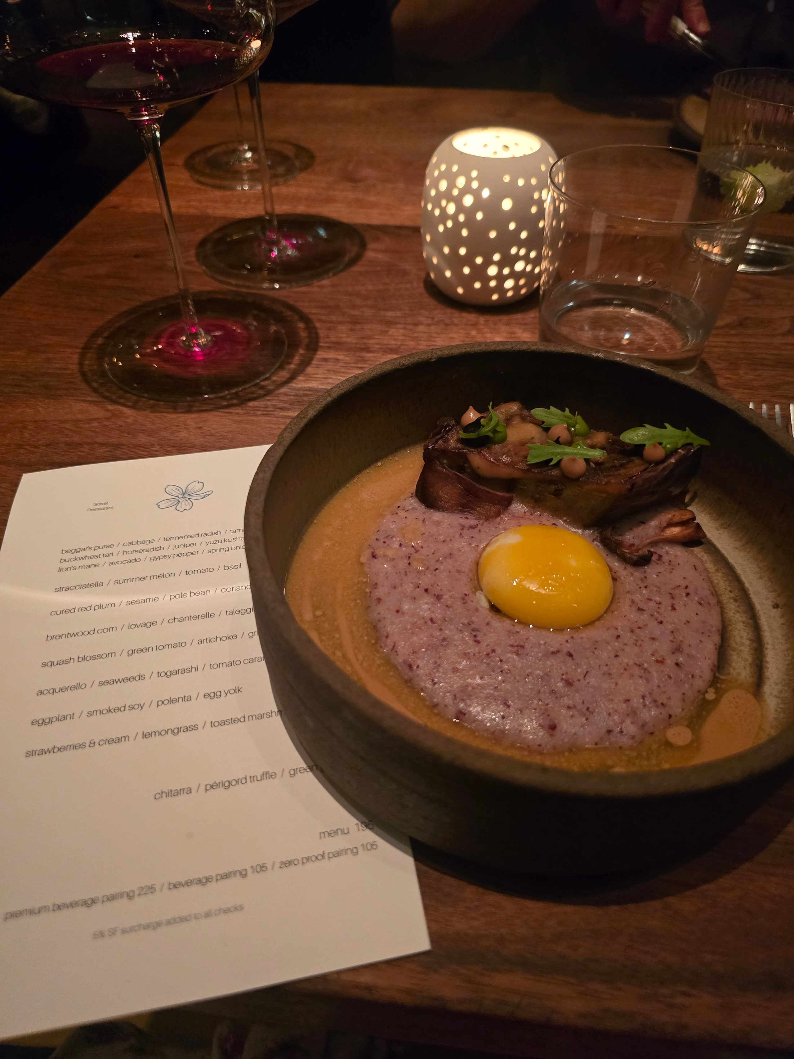 Eggplant with smoked soy, polenta and egg yolk on Sorrel's vegetarian summer tasting menu, Sacramento Street, San Francisco