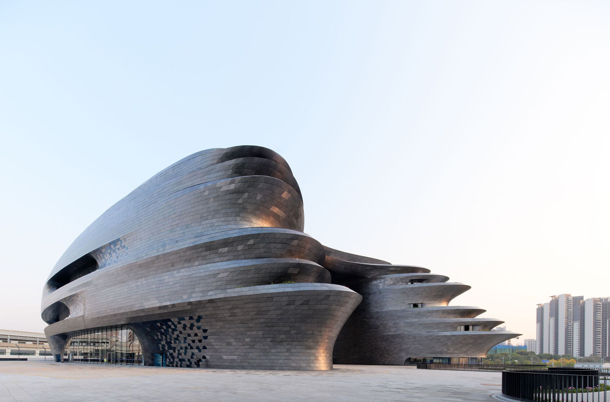 Spherical stainless-steel exterior of Shenzhen Science and Technology Museum in Guangming District