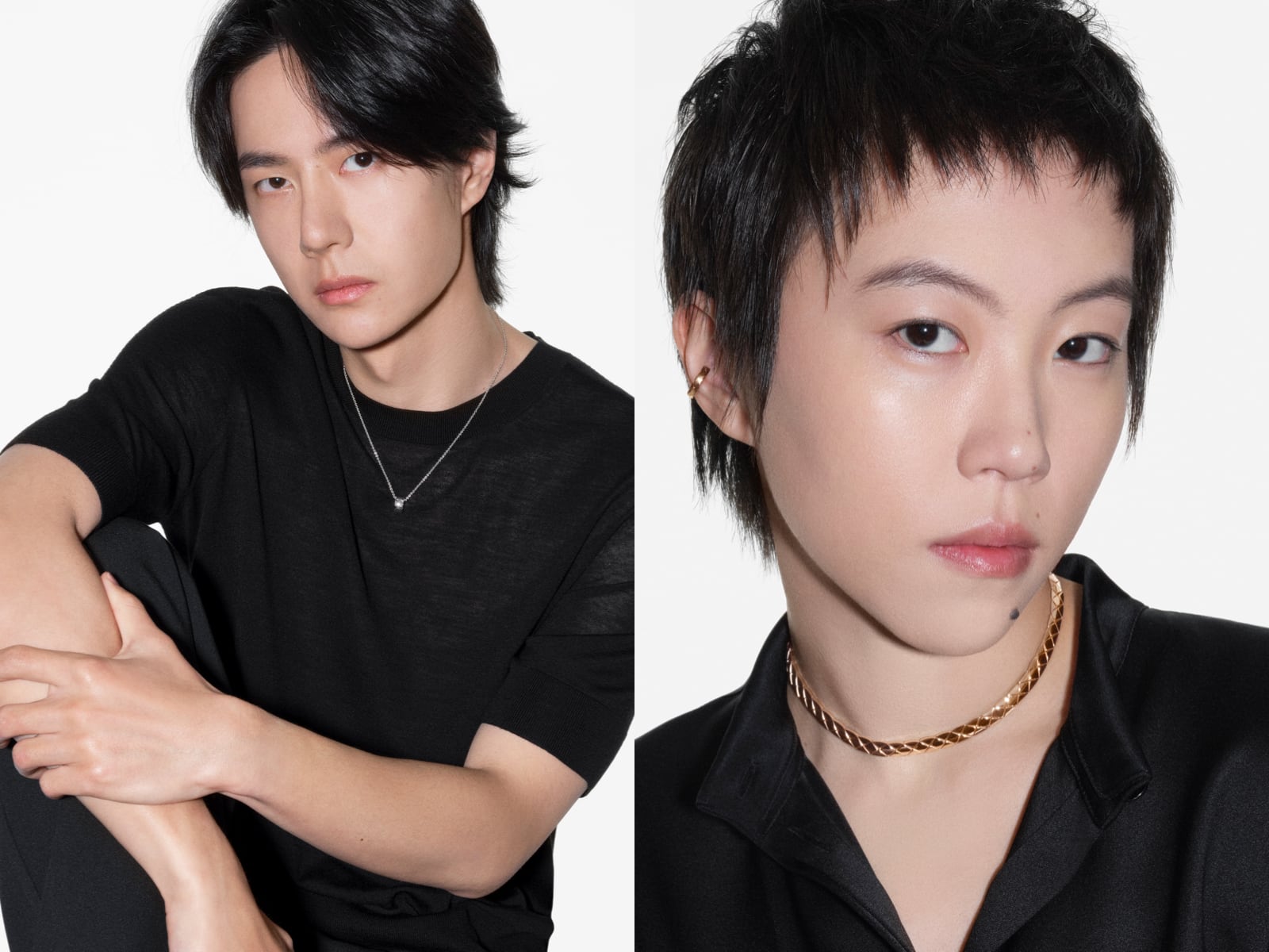 Leah Dou in a yellow gold Chanel Coco Crush quilted choker beside Wang Yibo in a Find Me campaign still