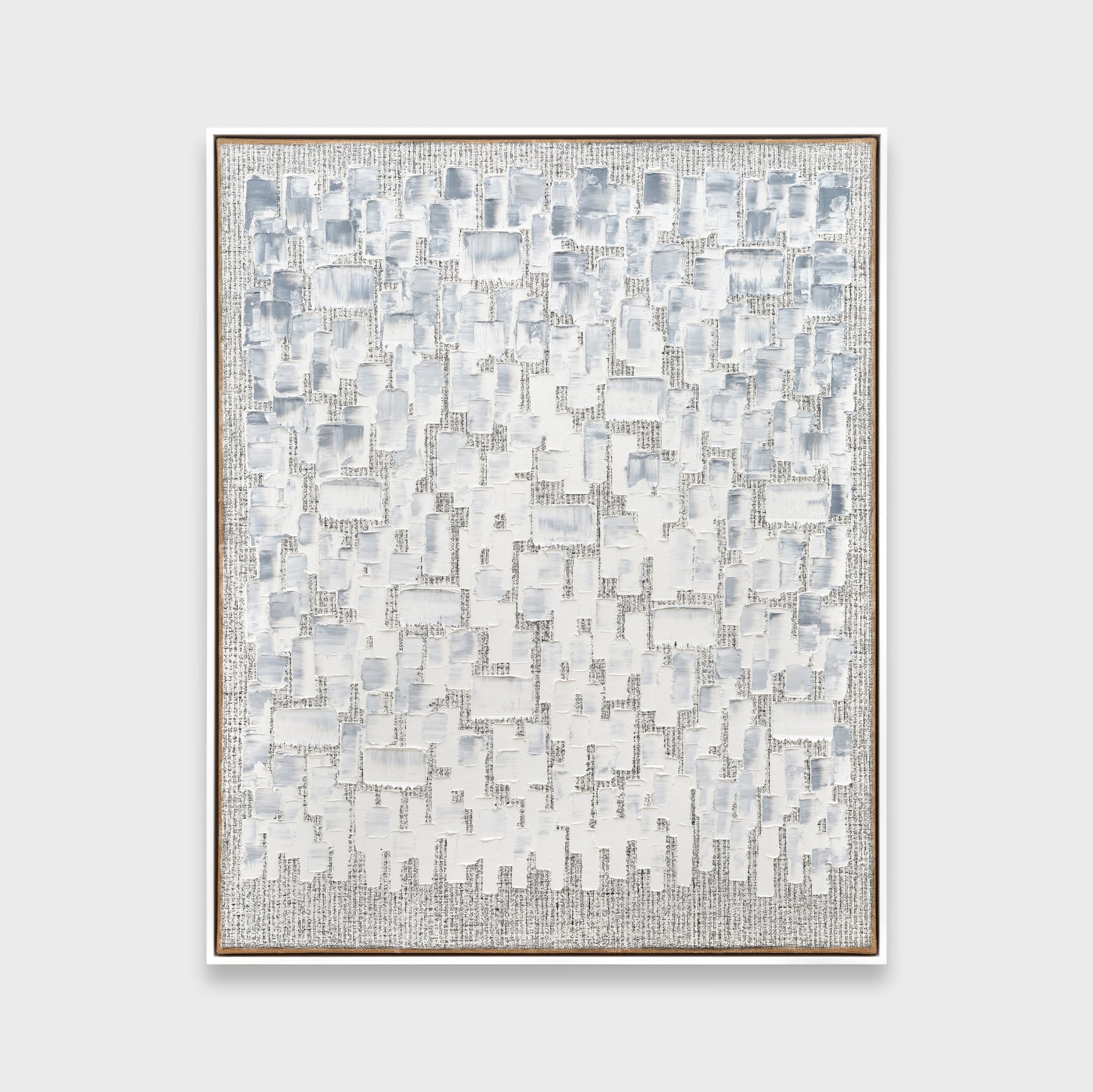 Ha Chong-Hyun, Conjunction 25-03, a pale field of short rectangular strokes on hemp