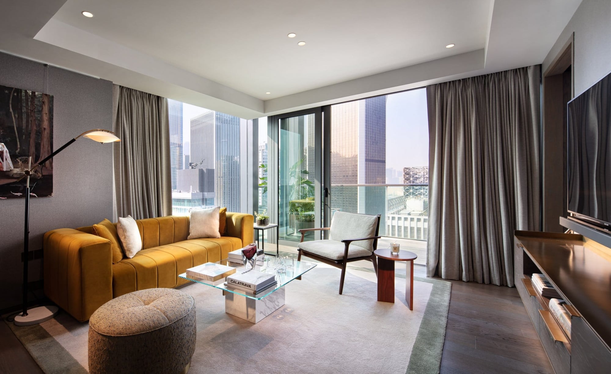 Mustard velvet sofa in a Hari Hong Kong suite
