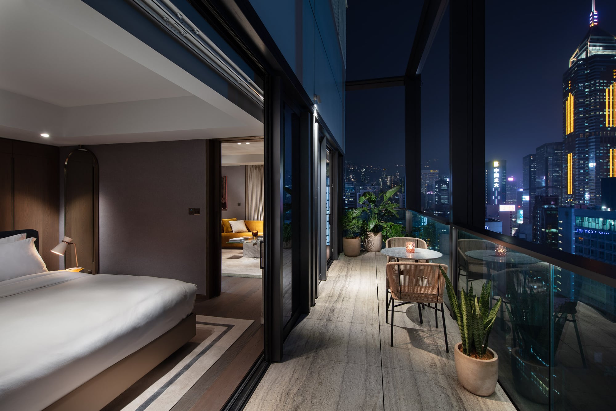 Private terrace at The Hari Hong Kong at night