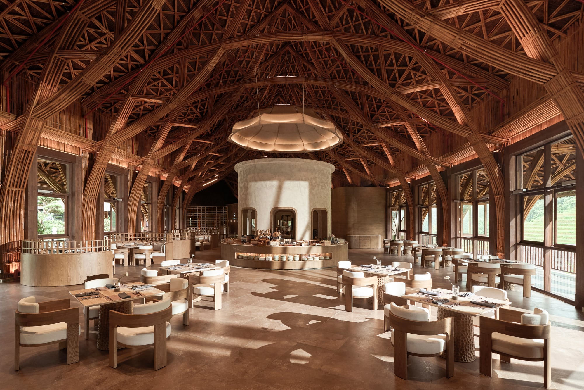 Refresh Restaurant at Garrya Mu Cang Chai with soaring bamboo lattice ceiling